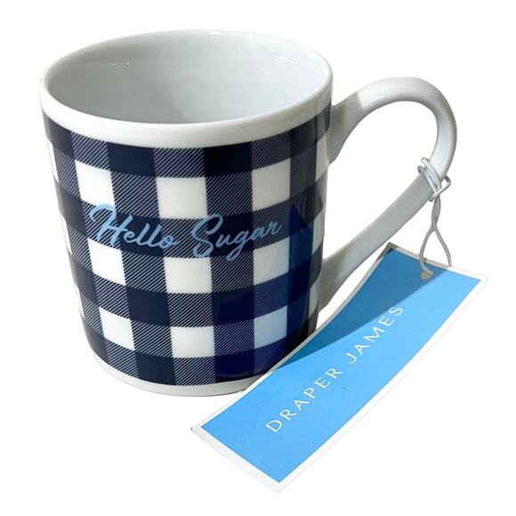 Draper James NEW Coffee Mug Cup Navy Blue White Gingham Check Hello Sugar Nassau - Picture 1 of 9